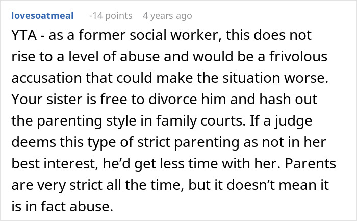 User comment discussing strict parenting and the debate on calling CPS after learning about niece’s home life. User comment discussing strict parenting and the debate on calling CPS after learning about niece’s home life.
