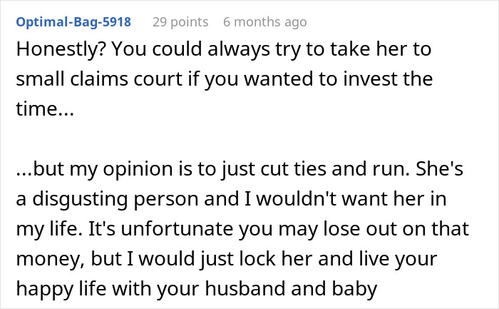 Comment discussing maid of honor demands thousands after bride excludes her due to pregnancy weight conflict. Comment discussing maid of honor demands thousands after bride excludes her due to pregnancy weight conflict.