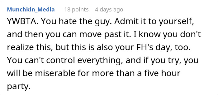 Reddit comment discussing bride wanting to exclude best man from photos due to his outfit at stereotypical American wedding. Reddit comment discussing bride wanting to exclude best man from photos due to his outfit at stereotypical American wedding.