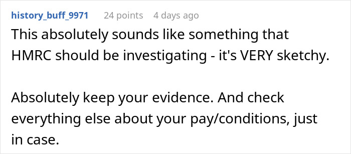 Comment on a forum discussing a suspicious maternity leave case, advising to keep evidence and review pay conditions carefully. Comment on a forum discussing a suspicious maternity leave case, advising to keep evidence and review pay conditions carefully.