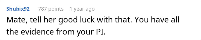 Screenshot of a Reddit comment discussing a man unsure how to handle evidence found by a PI about his partner. Screenshot of a Reddit comment discussing a man unsure how to handle evidence found by a PI about his partner.