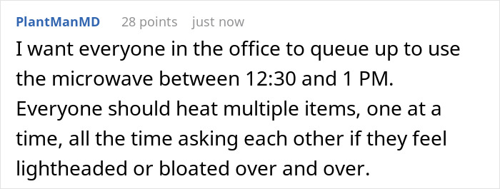Office coworkers reserve microwave for dietary needs, coordinating use and checking on each other's health during lunch hour. Office coworkers reserve microwave for dietary needs, coordinating use and checking on each other's health during lunch hour.