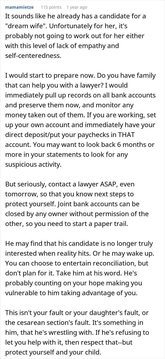 Comment advising to prepare legally and protect finances amid a man’s refusal to bond with cesarean baby and demand for divorce. Comment advising to prepare legally and protect finances amid a man’s refusal to bond with cesarean baby and demand for divorce.