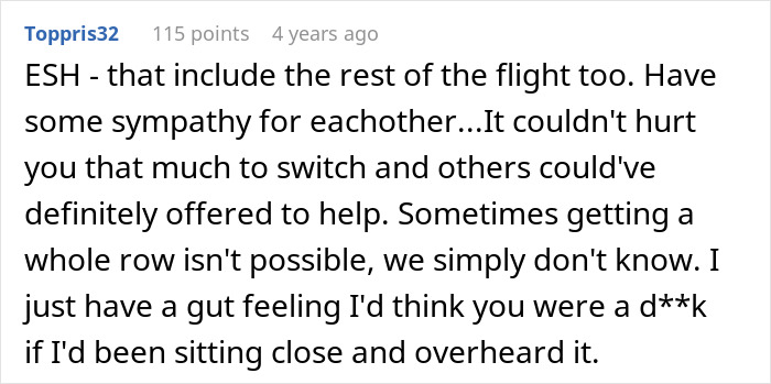Reddit comment discussing conflict over not switching seats with a mother on an airplane and ignoring her children. Reddit comment discussing conflict over not switching seats with a mother on an airplane and ignoring her children.