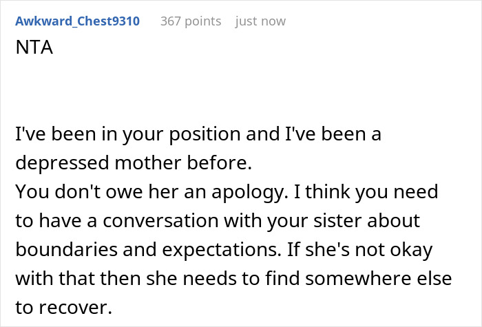Screenshot of a Reddit comment discussing setting boundaries when a man lets sister and her kids move in. Screenshot of a Reddit comment discussing setting boundaries when a man lets sister and her kids move in.