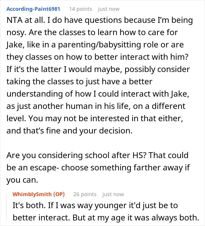 Reddit user discusses fears of being set up to babysit autistic stepbrother and refusal to take related classes.