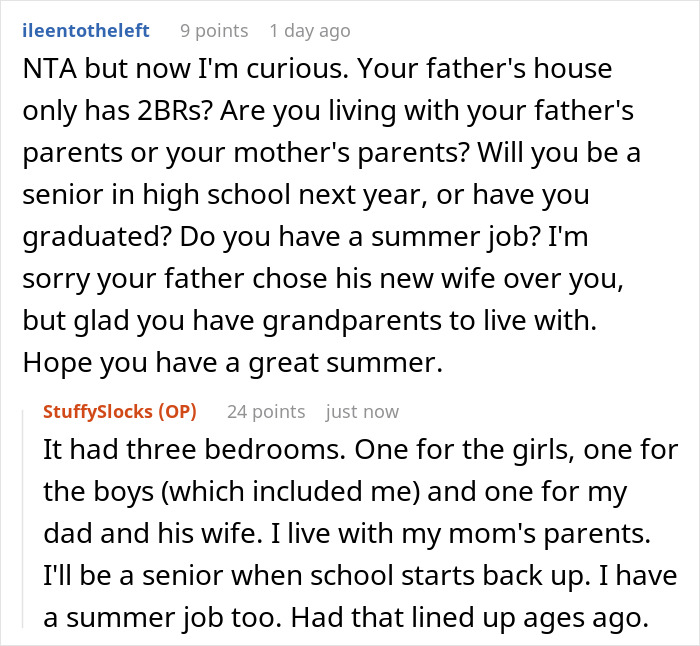 Reddit conversation about a teen refusing to join a blended family while stepmom expects babysitting duties. Reddit conversation about a teen refusing to join a blended family while stepmom expects babysitting duties.