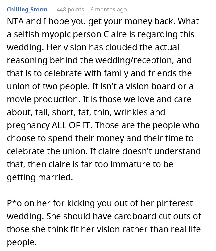 User comment discussing maid of honor demands and bride excluding her due to pregnancy weight in wedding conflict. User comment discussing maid of honor demands and bride excluding her due to pregnancy weight in wedding conflict.