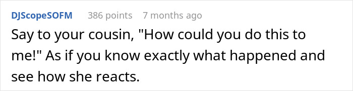 Comment box with a social media username discussing a cousin reacting after being caught in bathroom during party. Comment box with a social media username discussing a cousin reacting after being caught in bathroom during party.
