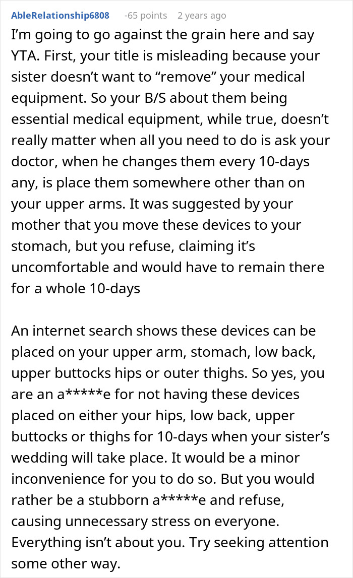 Comment discussing woman refusing to risk health for sister’s wedding photo aesthetic, upsetting family tensions online. Comment discussing woman refusing to risk health for sister’s wedding photo aesthetic, upsetting family tensions online.