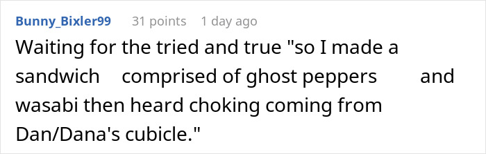 Comment on a forum post about workers adding labels to protect their food from a lunch thief, mentioning Dana and a humorous sandwich warning.