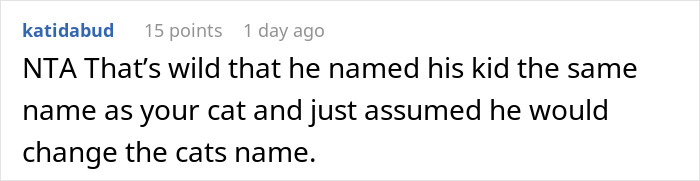 Comment stating frustration about a friend naming their newborn the same as the cat, involving friend-claims-cat-name-newborn. Comment stating frustration about a friend naming their newborn the same as the cat, involving friend-claims-cat-name-newborn.