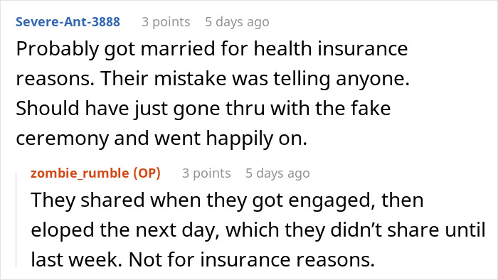 Comments discussing wedding guests shocked and confused after couple reveals they eloped years before the big day.