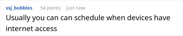 Screenshot of a social media comment discussing scheduling internet access during gaming marathons and WiFi control. Screenshot of a social media comment discussing scheduling internet access during gaming marathons and WiFi control.