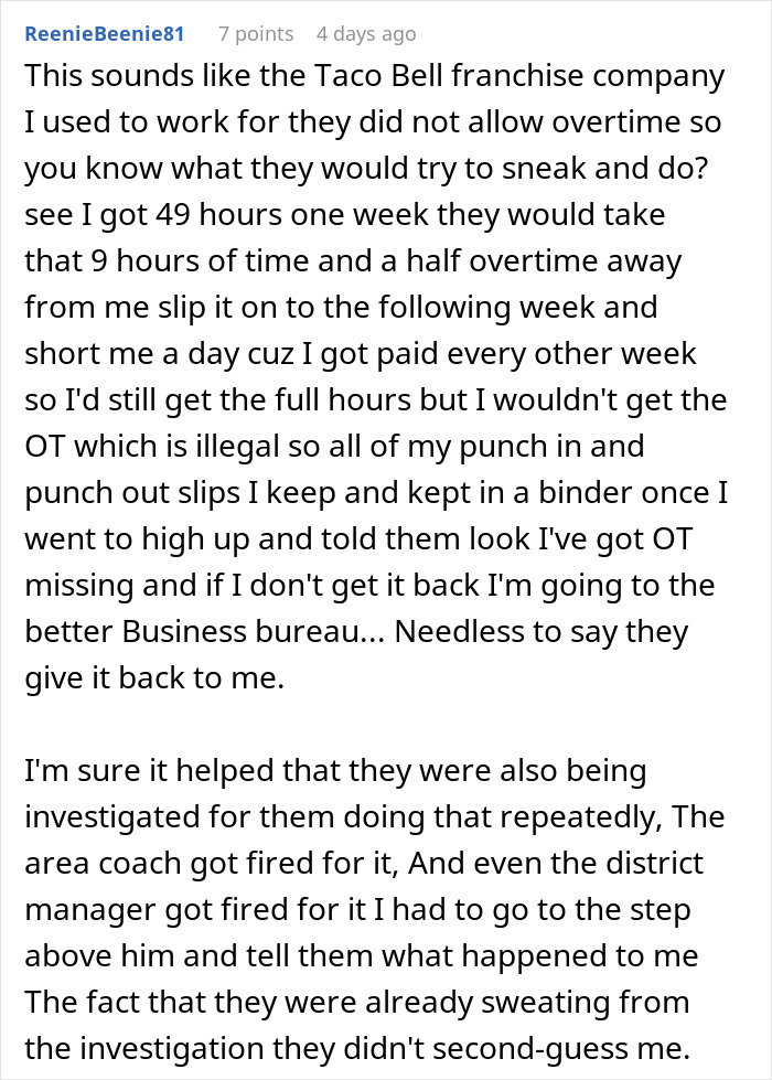 Comment describing a company denying maternity leave eligibility and an employee exposing the lie with detailed work hour records. Comment describing a company denying maternity leave eligibility and an employee exposing the lie with detailed work hour records.