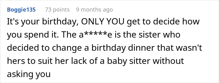 Comment about a birthday dinner sabotage by a sister who changed plans without permission. Comment about a birthday dinner sabotage by a sister who changed plans without permission.