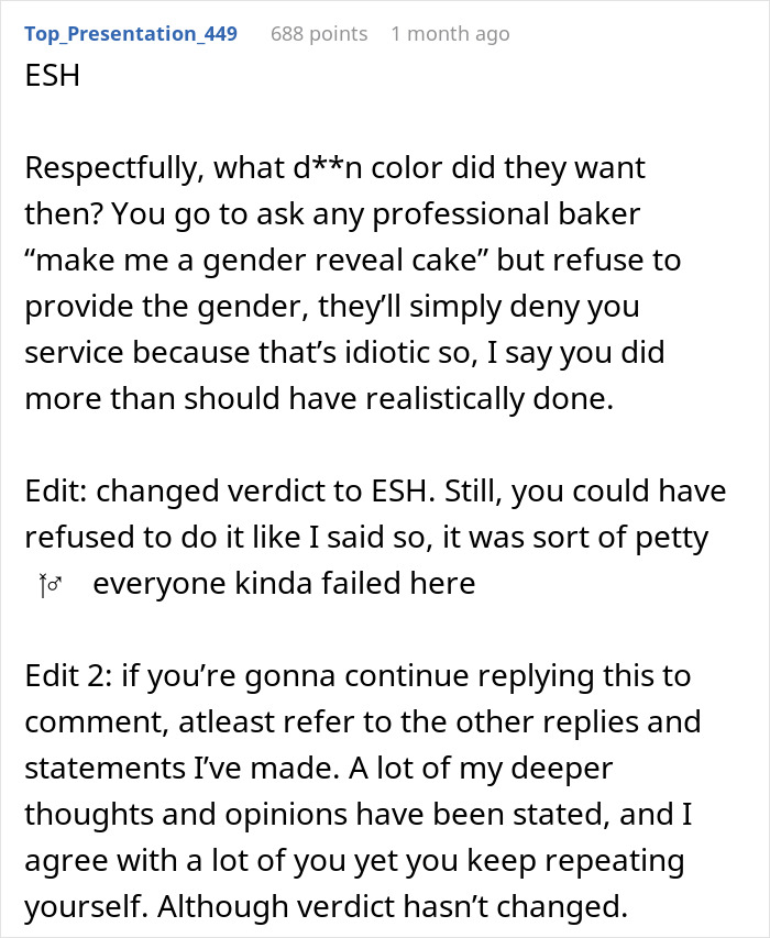 Comment discussing the gray cake at gender reveal party and blaming pregnant sister, highlighting the event's controversy. Comment discussing the gray cake at gender reveal party and blaming pregnant sister, highlighting the event's controversy.