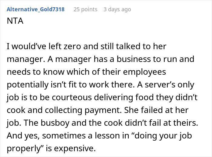 User comment on tipping etiquette and restaurant service, discussing responsibility and tipping 83 cents as a lesson in proper job performance. User comment on tipping etiquette and restaurant service, discussing responsibility and tipping 83 cents as a lesson in proper job performance.