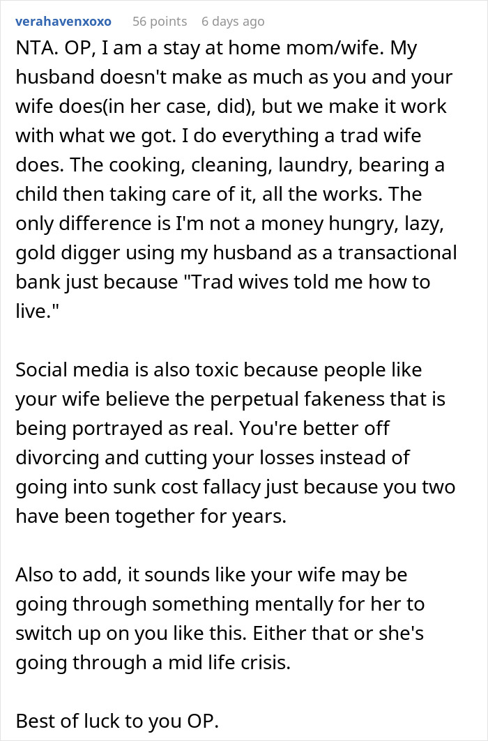 Alt text: Reddit comment discussing tradwife lifestyle, marriage challenges, and mental health advice in a stay-at-home wife context Alt text: Reddit comment discussing tradwife lifestyle, marriage challenges, and mental health advice in a stay-at-home wife context
