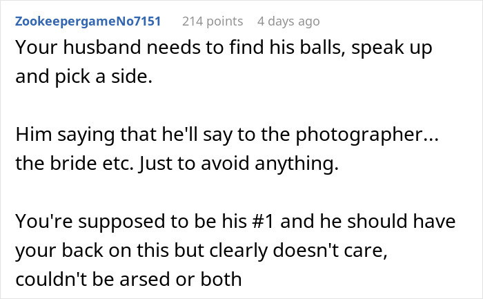 Comment discussing bride wanting to exclude best man from photos due to his outfit in stereotypical American wedding context. Comment discussing bride wanting to exclude best man from photos due to his outfit in stereotypical American wedding context.