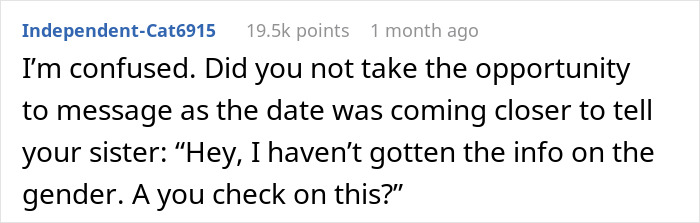 Screenshot of a forum comment discussing a gender reveal party where a gray cake caused disappointment. Screenshot of a forum comment discussing a gender reveal party where a gray cake caused disappointment.