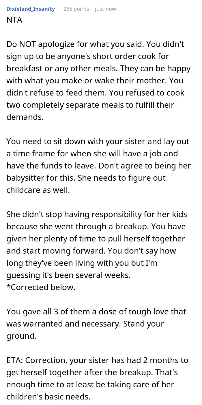 Text from a user explaining boundaries about cooking for sister and her kids, dealing with childcare and responsibilities. Text from a user explaining boundaries about cooking for sister and her kids, dealing with childcare and responsibilities.