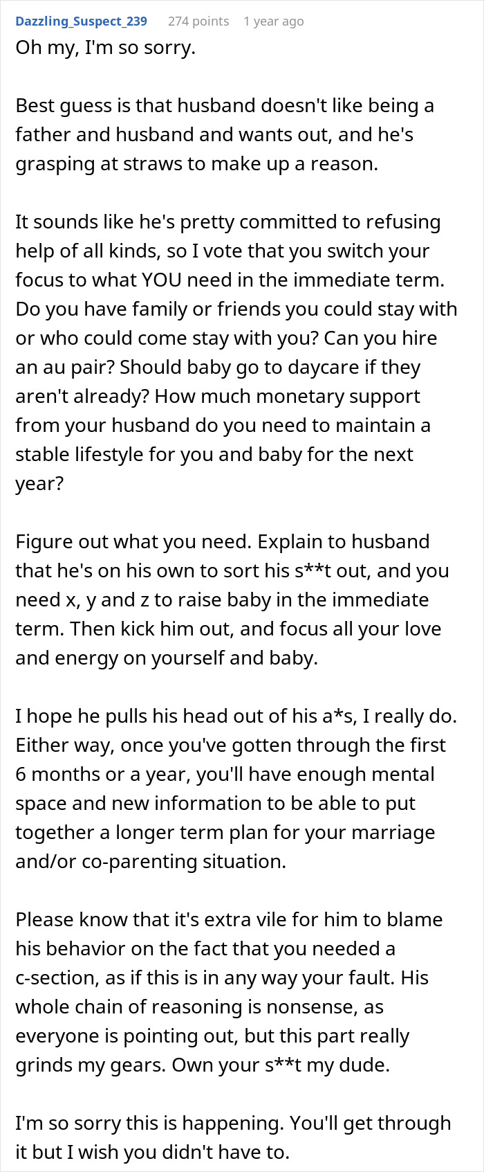 Comment discussing a man who can't bond with daughter due to cesarean birth and demands divorce, offering advice to mother. Comment discussing a man who can't bond with daughter due to cesarean birth and demands divorce, offering advice to mother.