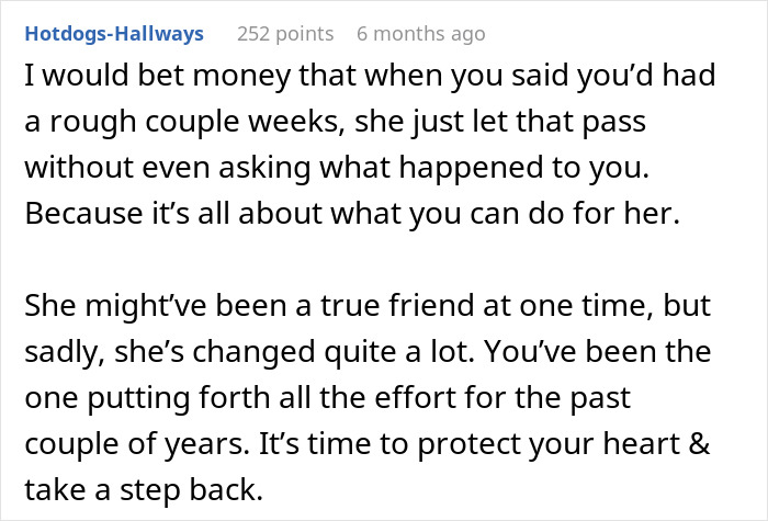 Text comment about a woman setting boundaries with a friend who uses her, emphasizing protecting her heart and taking a step back. Text comment about a woman setting boundaries with a friend who uses her, emphasizing protecting her heart and taking a step back.