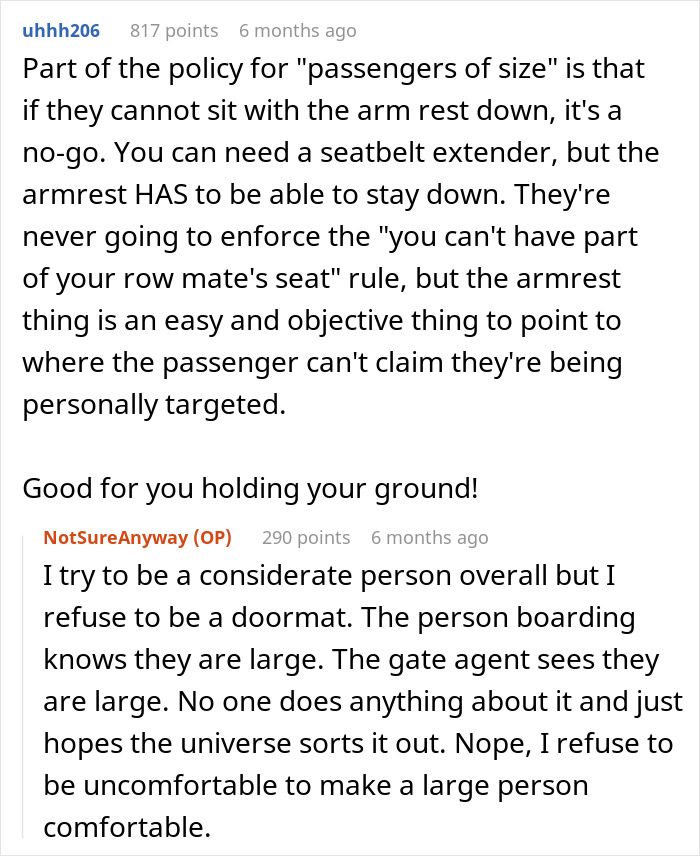 Forum discussion about airline armrest policies for passengers of size, with comments on considerate behavior and seat comfort. Forum discussion about airline armrest policies for passengers of size, with comments on considerate behavior and seat comfort.