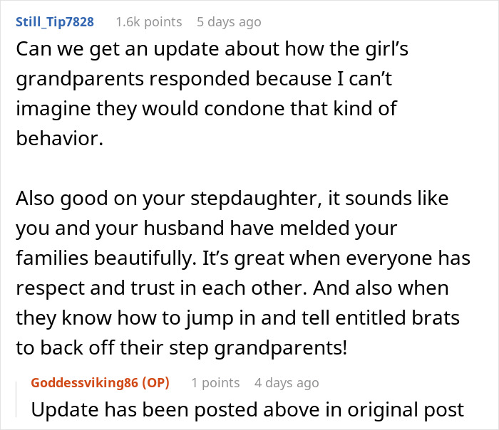 Comment thread discussing family dynamics and respect at a friend stepdaughter pool party, focusing on boundaries and updates.