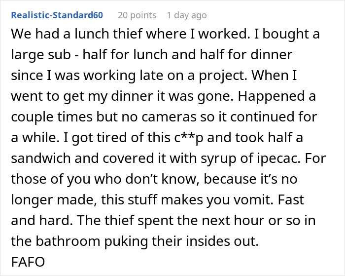 Text post describing a coworker stealing woman’s spicy lunch then accusing her of poisoning him at work. Text post describing a coworker stealing woman’s spicy lunch then accusing her of poisoning him at work.