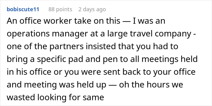 Text post from user sharing office experience about operations manager's strict new rule causing wasted time and frustration. Text post from user sharing office experience about operations manager's strict new rule causing wasted time and frustration.