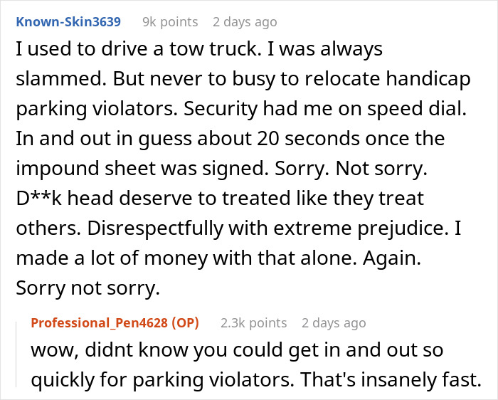 Comment thread discussing quick towing of a Porsche parked across three handicap spots and blaming a raccoon. Comment thread discussing quick towing of a Porsche parked across three handicap spots and blaming a raccoon.