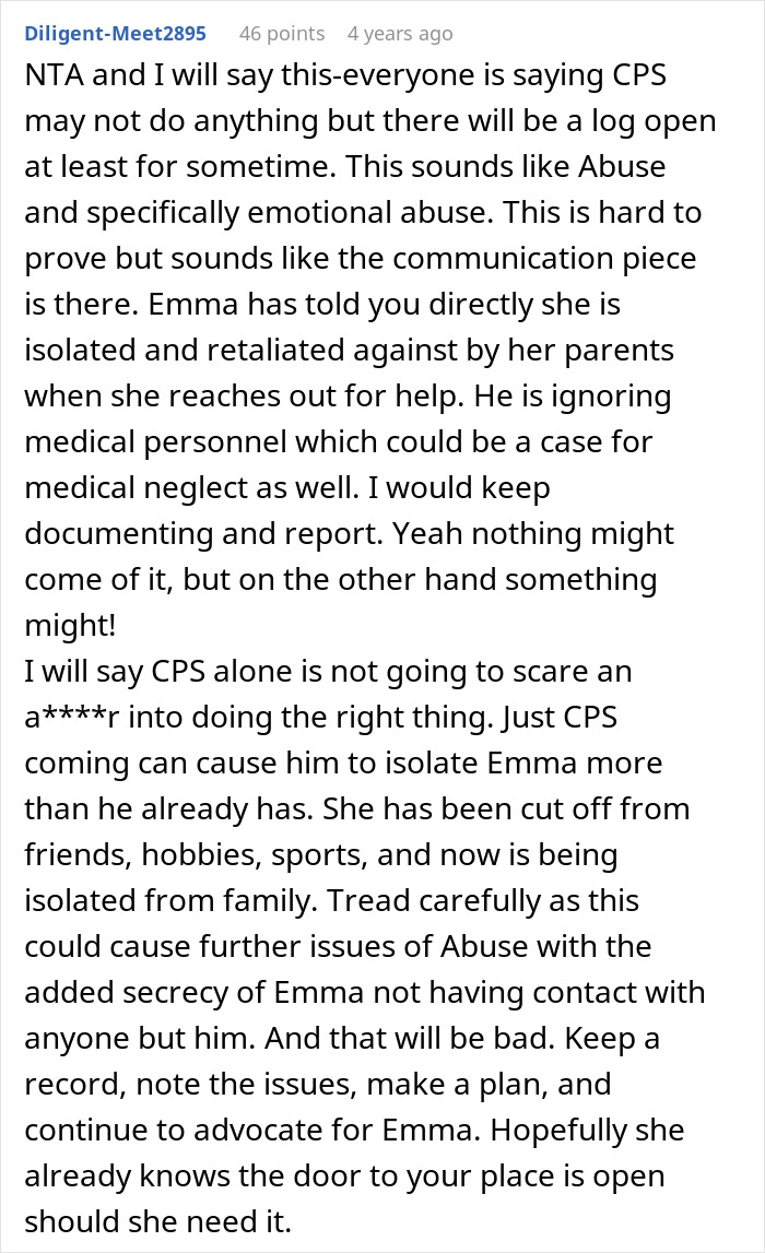 Commenter discusses emotional abuse and neglect concerns, debating calling CPS after learning niece’s troubled home life details. Commenter discusses emotional abuse and neglect concerns, debating calling CPS after learning niece’s troubled home life details.