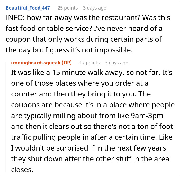 Man uses coupon to save money on dinner, faces accusation of being cheap from sister-in-law during family meal.