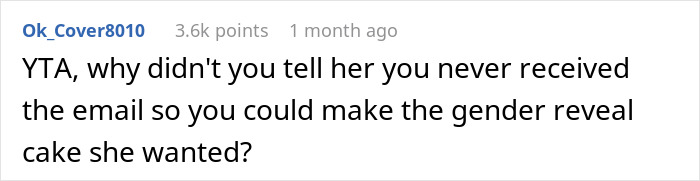 Comment on a forum post discussing a gender reveal party, mentioning issues with the gray cake and the pregnant sister’s role. Comment on a forum post discussing a gender reveal party, mentioning issues with the gray cake and the pregnant sister’s role.