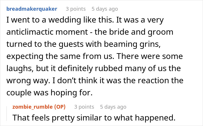 Screenshot of a forum conversation discussing wedding guests shocked and confused after couple reveals they eloped.