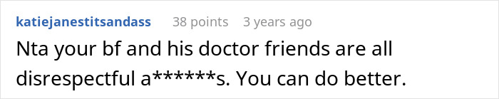 Screenshot of a forum comment discussing a woman refusing to leave party she planned after boyfriend and friends demand privacy. Screenshot of a forum comment discussing a woman refusing to leave party she planned after boyfriend and friends demand privacy.