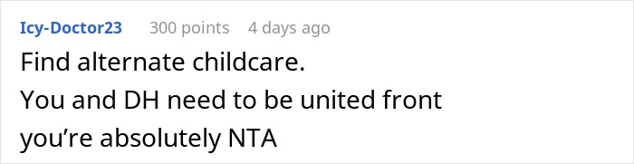 Comment text on a white background from user Icy-Doctor23 advising to find alternate childcare for mil-daughter-surprise-vacation.