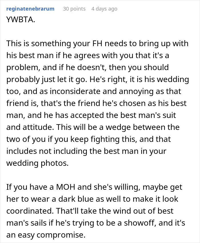 Comment discussing bride wanting to exclude best man from photos due to his outfit and wedding photo conflicts. Comment discussing bride wanting to exclude best man from photos due to his outfit and wedding photo conflicts.
