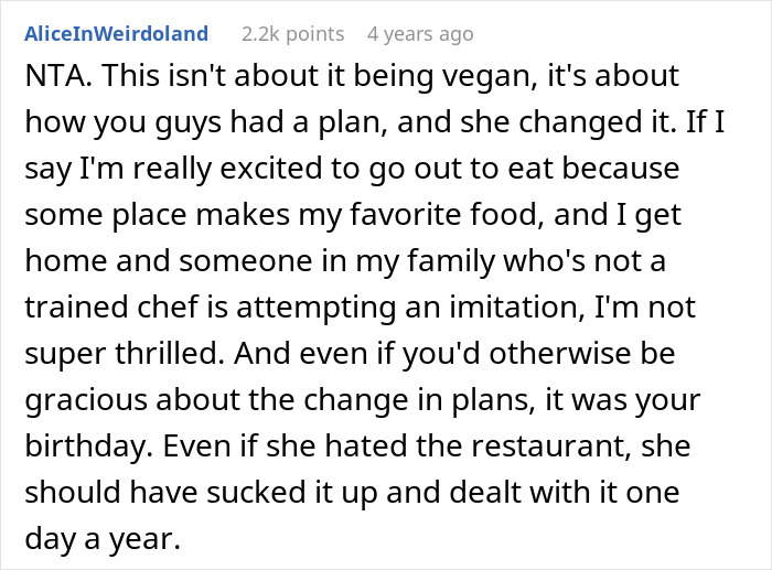 Comment discussing refusing to eat vegan meal on girlfriend’s birthday due to changed plans and preference for favorite food. Comment discussing refusing to eat vegan meal on girlfriend’s birthday due to changed plans and preference for favorite food.
