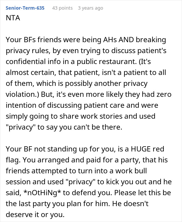 Text post discussing a woman refusing to leave party she planned after boyfriend and friends demand privacy. Text post discussing a woman refusing to leave party she planned after boyfriend and friends demand privacy.