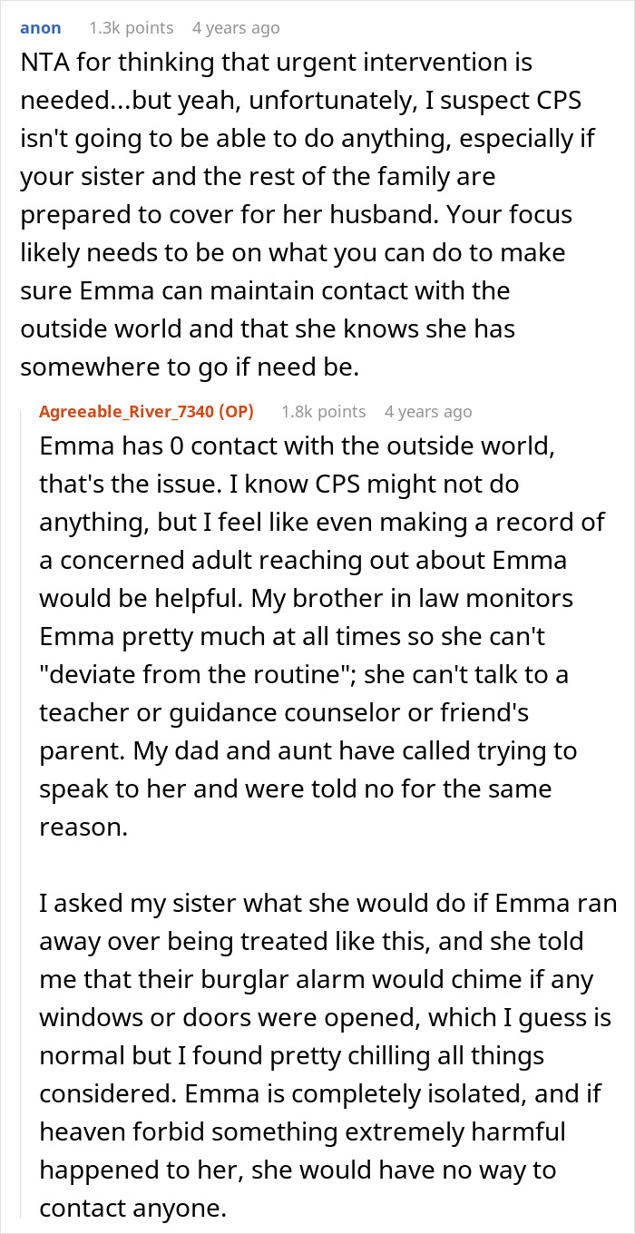Reddit conversation debating calling CPS after learning niece Emma’s home life includes isolation and lack of outside contact. Reddit conversation debating calling CPS after learning niece Emma’s home life includes isolation and lack of outside contact.