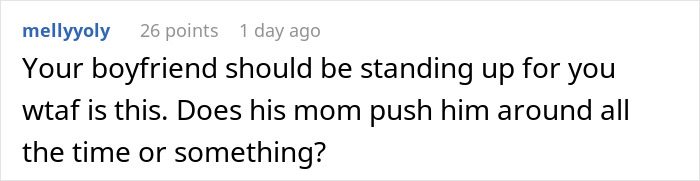 Comment about woman being called a downgrade by boyfriend’s mom, highlighting shock and comparison to his classy ex.