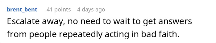 Text comment on a white background discussing escalating issues with people acting in bad faith, related to maternity leave eligibility dispute. Text comment on a white background discussing escalating issues with people acting in bad faith, related to maternity leave eligibility dispute.