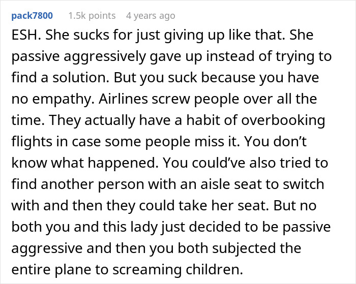 Screenshot of a Reddit comment discussing seat switching and ignoring children in an airplane seating conflict situation. Screenshot of a Reddit comment discussing seat switching and ignoring children in an airplane seating conflict situation.