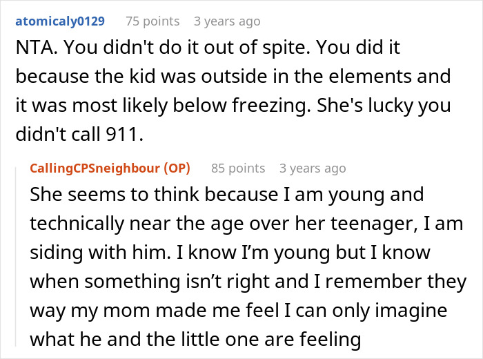 Reddit conversation about a mom throwing kid out on cold Christmas night and neighbors calling CPS on her.