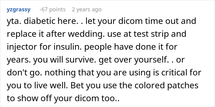 Comment discussing a diabetic woman refusing to risk her health for sister’s wedding photo aesthetic, upsetting family. Comment discussing a diabetic woman refusing to risk her health for sister’s wedding photo aesthetic, upsetting family.