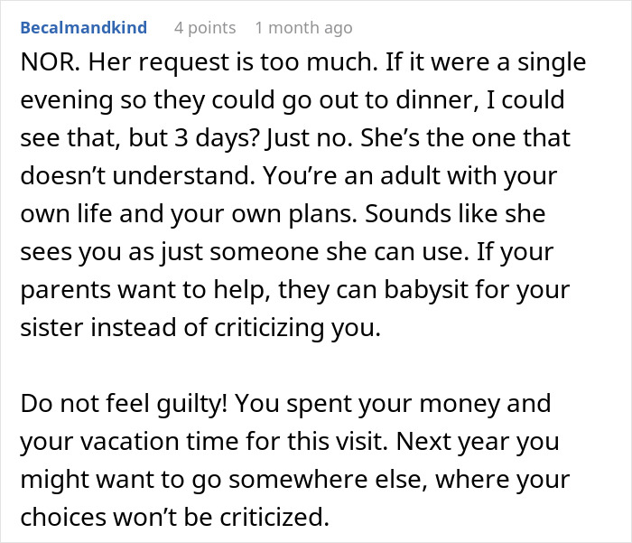 Comment discussing sister expecting babysitting three days a week during lady’s family visit after a year. Comment discussing sister expecting babysitting three days a week during lady’s family visit after a year.