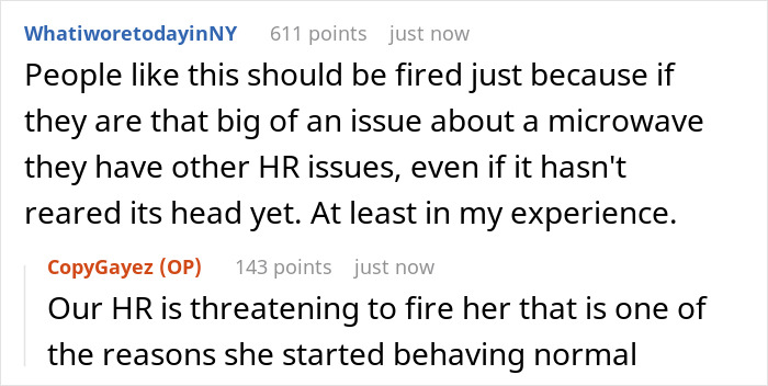 Comments discussing a coworker reserving the microwave due to dietary needs and HR concerns about the issue. Comments discussing a coworker reserving the microwave due to dietary needs and HR concerns about the issue.